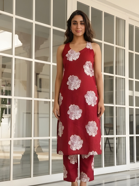 Women Cotton Maroon Printed Co-Ord Set