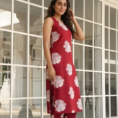 Women Cotton Maroon Printed Co-Ord Set