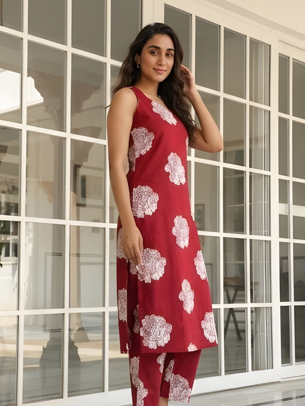 Women Cotton Maroon Printed Co-Ord Set