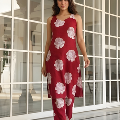 Women Cotton Maroon Printed Co-Ord Set