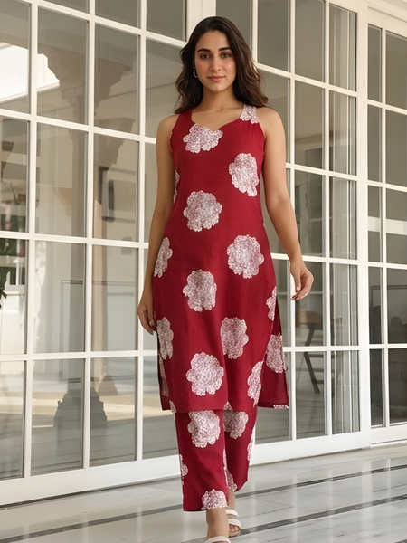 Women Cotton Maroon Printed Co-Ord Set