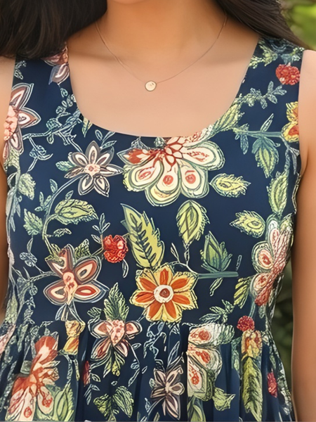 Women Floral Cotton Sleeveless Flared Midi Dress