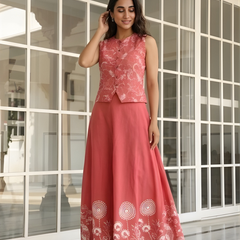 Women Cotton Pink Printed Skirt Co-Ord Set