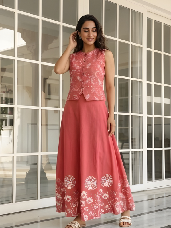 Women Cotton Pink Printed Skirt Co-Ord Set
