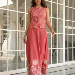 Women Cotton Pink Printed Skirt Co-Ord Set