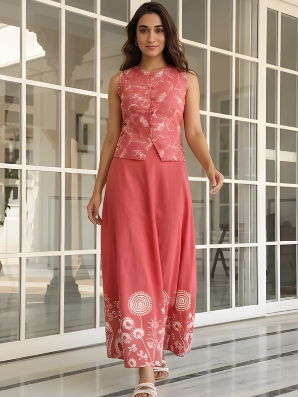 Women Cotton Pink Printed Skirt Co-Ord Set