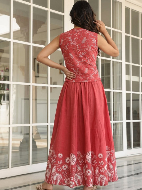 Women Cotton Pink Printed Skirt Co-Ord Set