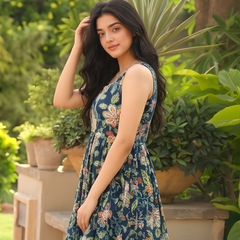 Women Floral Cotton Sleeveless Flared Midi Dress