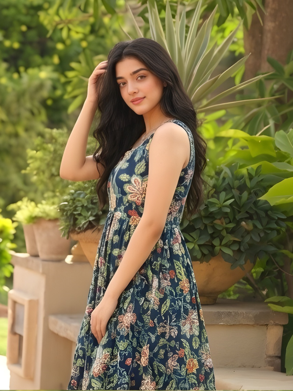 Women Floral Cotton Sleeveless Flared Midi Dress