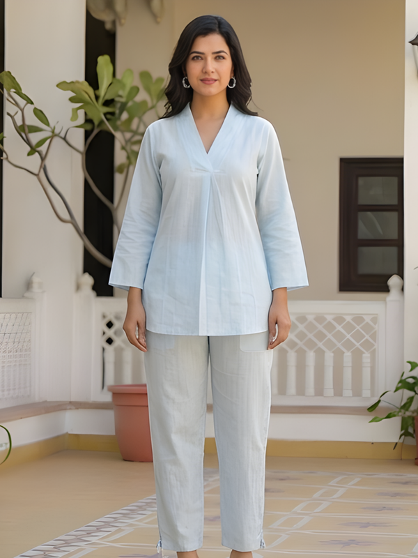 Women Sky Blue Dobby Co-Ord Set