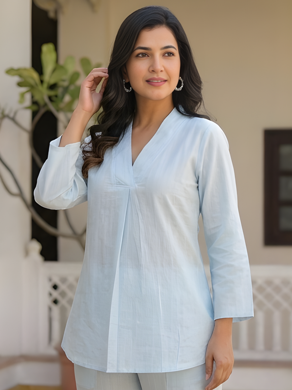 Women Sky Blue Dobby Co-Ord Set