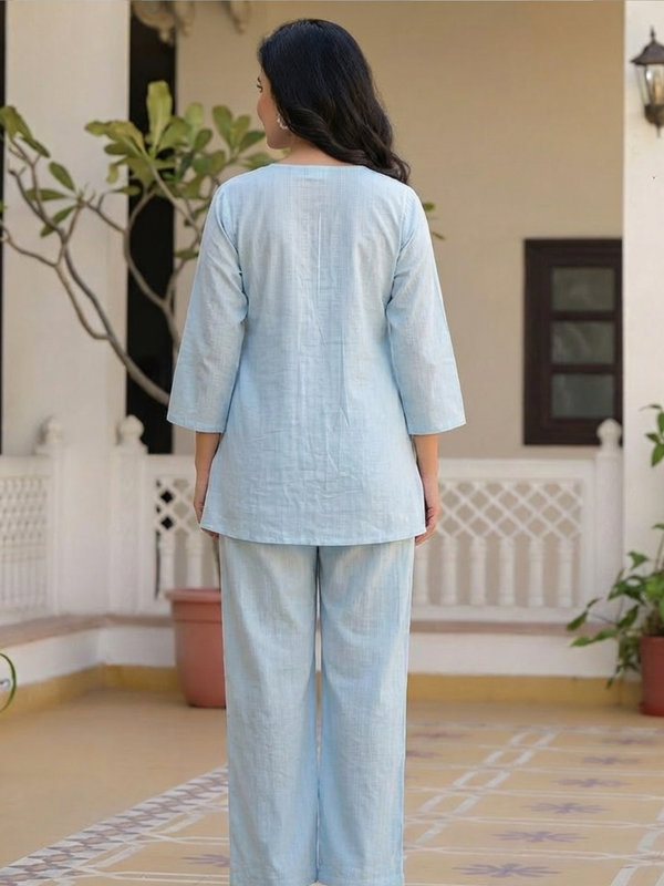 Women Sky Blue Dobby Co-Ord Set