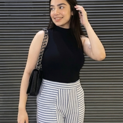 Back view of women striped cotton pants with pockets