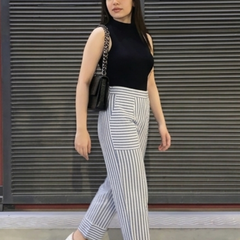 Straight fit striped pants with patch pockets side profile