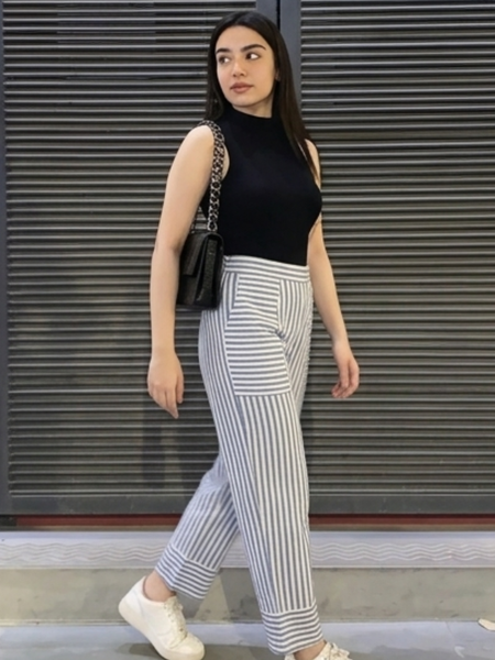 Straight fit striped pants with patch pockets side profile