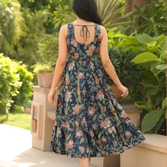 Women Floral Cotton Sleeveless Flared Midi Dress