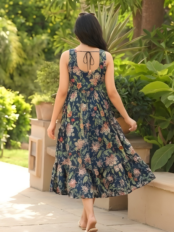 Women Floral Cotton Sleeveless Flared Midi Dress