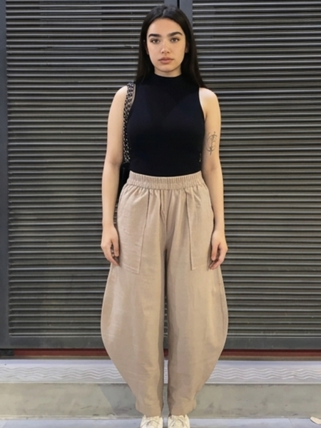 Women solid balloon pants barrel fit cotton slub front view