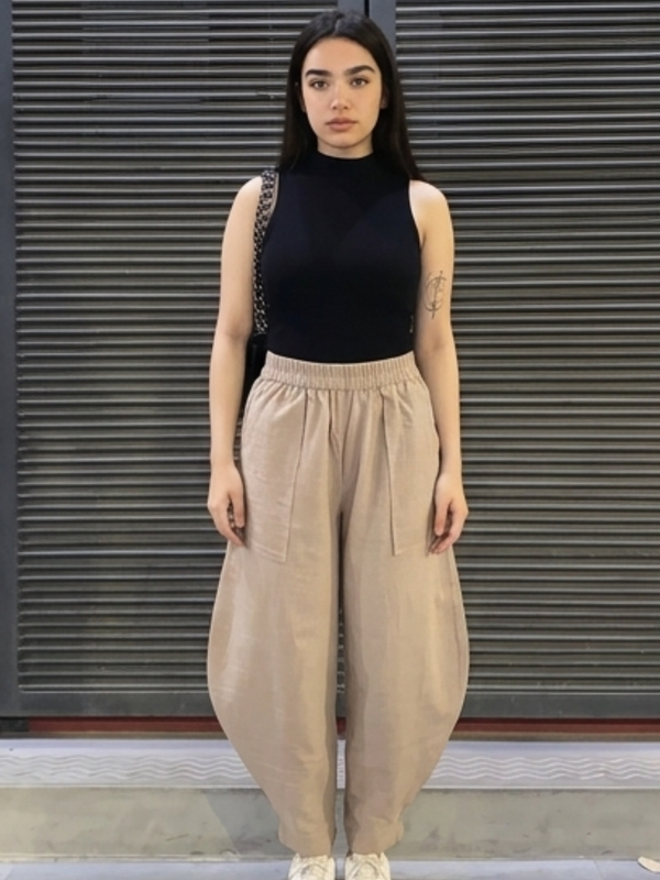Women solid balloon pants barrel fit cotton slub front view