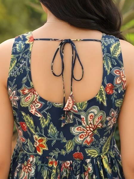 Women Floral Cotton Sleeveless Flared Midi Dress