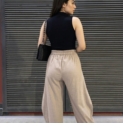 Back view of barrel fit balloon pants for women