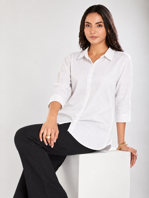 Women’s Cotton Slub Solid Casual Shirt with 3/4 Sleeves