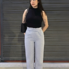 Women white blue striped straight fit cotton pants front view