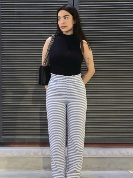 Women white blue striped straight fit cotton pants front view