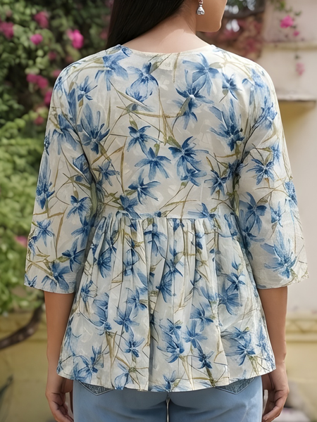 Women Cotton Floral Angrakha Style Peplum Top