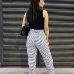 Back view of women’s straight fit striped ankle length pants
