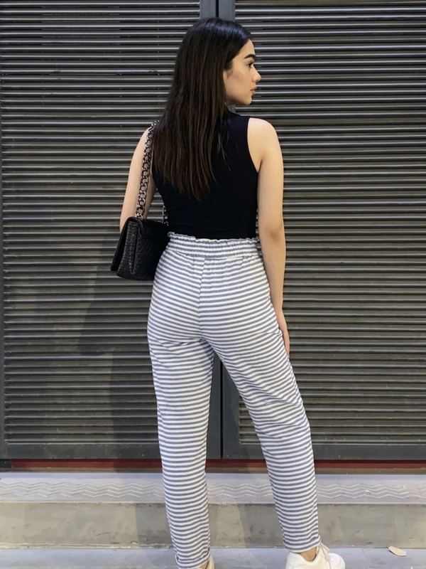 Back view of women’s straight fit striped ankle length pants