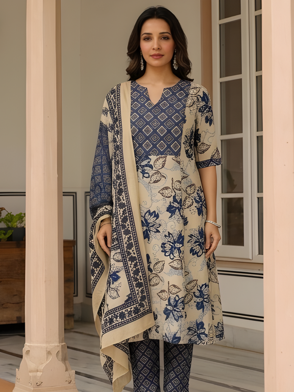 Women Beige & Blue Floral Printed Pure Cotton A-Line Kurta Pant Set