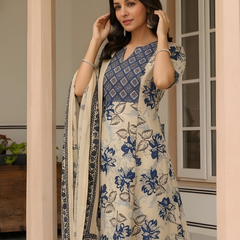 Women Beige & Blue Floral Printed Pure Cotton A-Line Kurta Pant Set