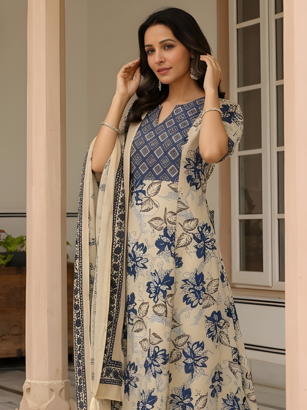 Women Beige & Blue Floral Printed Pure Cotton A-Line Kurta Pant Set