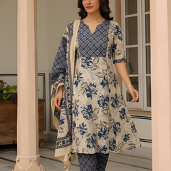 Women Beige & Blue Floral Printed Pure Cotton A-Line Kurta Pant Set