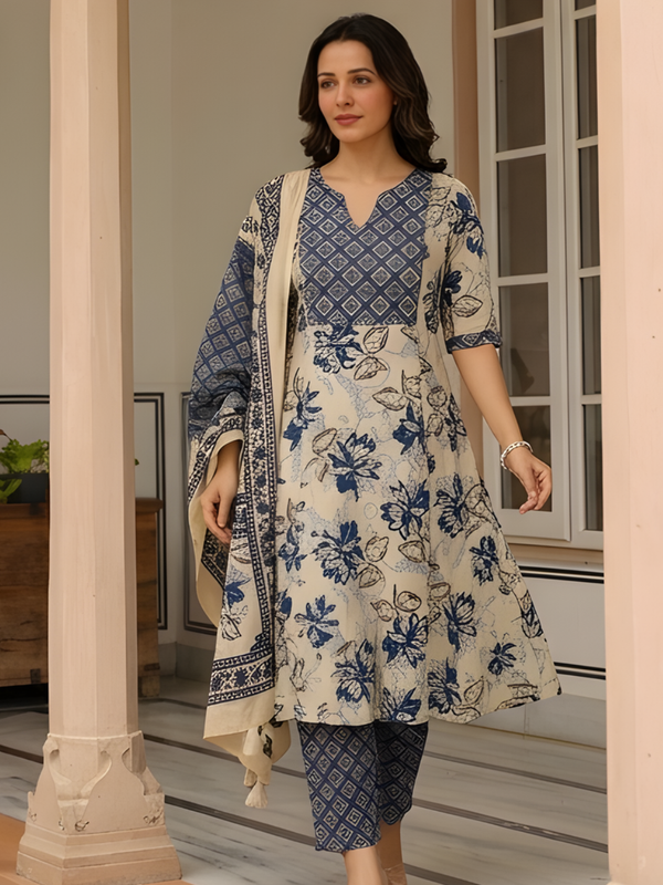 Women Beige & Blue Floral Printed Pure Cotton A-Line Kurta Pant Set