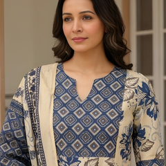 Women Beige & Blue Floral Printed Pure Cotton A-Line Kurta Pant Set