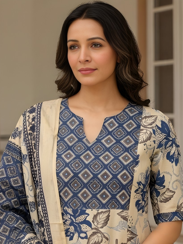 Women Beige & Blue Floral Printed Pure Cotton A-Line Kurta Pant Set
