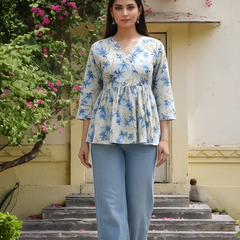 Women Cotton Floral Angrakha Style Peplum Top