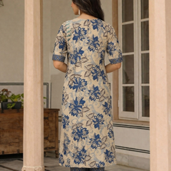 Women Beige & Blue Floral Printed Pure Cotton A-Line Kurta Pant Set