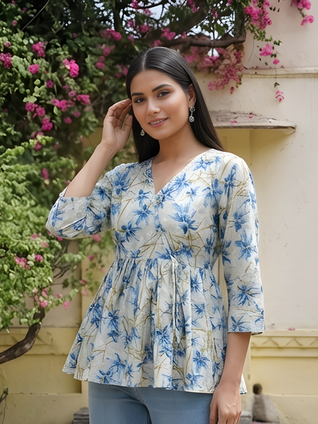 Women Cotton Floral Angrakha Style Peplum Top