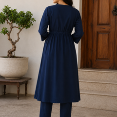 Women's Navy Blue Anghrakha Kurta Set in Pure Cotton