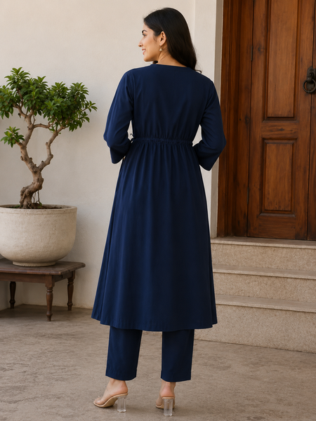 Women's Navy Blue Anghrakha Kurta Set in Pure Cotton