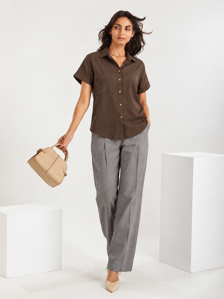 Women’s Shoulder Down Cotton Slub Solid Casual Shirt