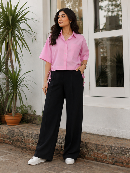 Women's Pink Striped Crop Shirt in Cotton Blend Fabric