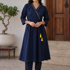Women's Navy Blue Anghrakha Kurta Set in Pure Cotton