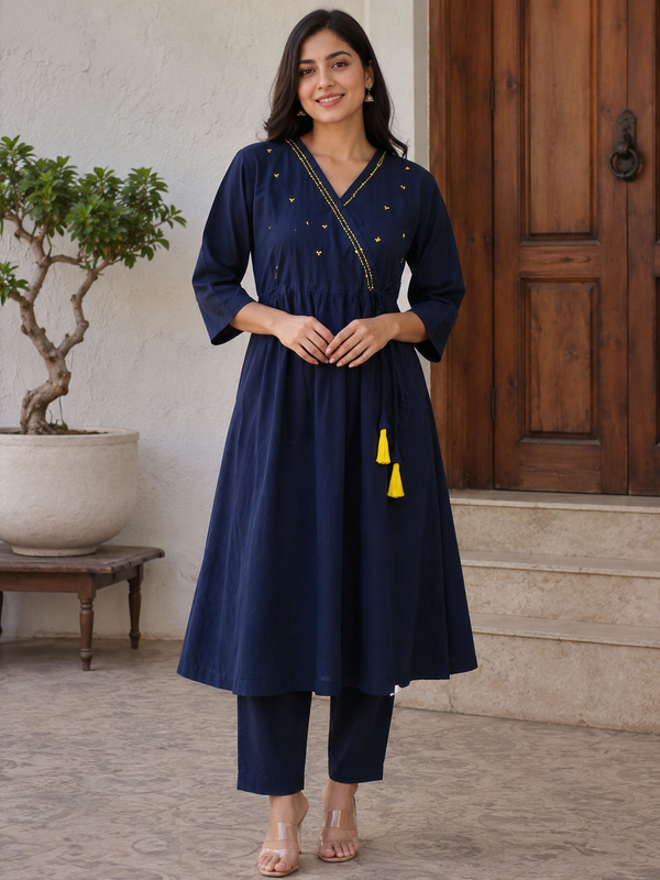 Women's Navy Blue Anghrakha Kurta Set in Pure Cotton
