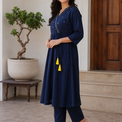 Women's Navy Blue Anghrakha Kurta Set in Pure Cotton