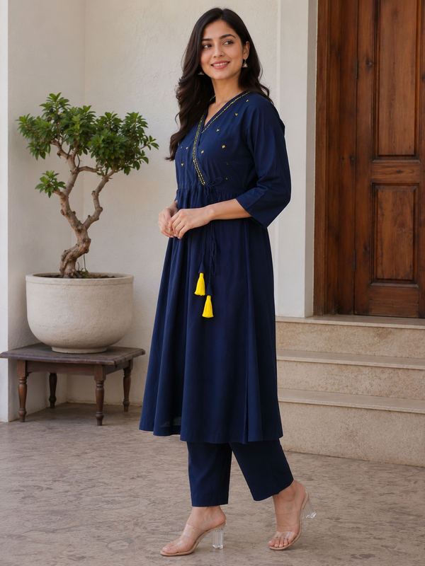 Women's Navy Blue Anghrakha Kurta Set in Pure Cotton