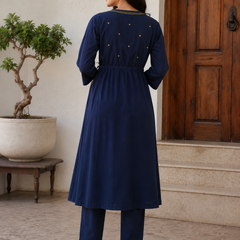 Women's Navy Blue Anghrakha Kurta Set in Pure Cotton